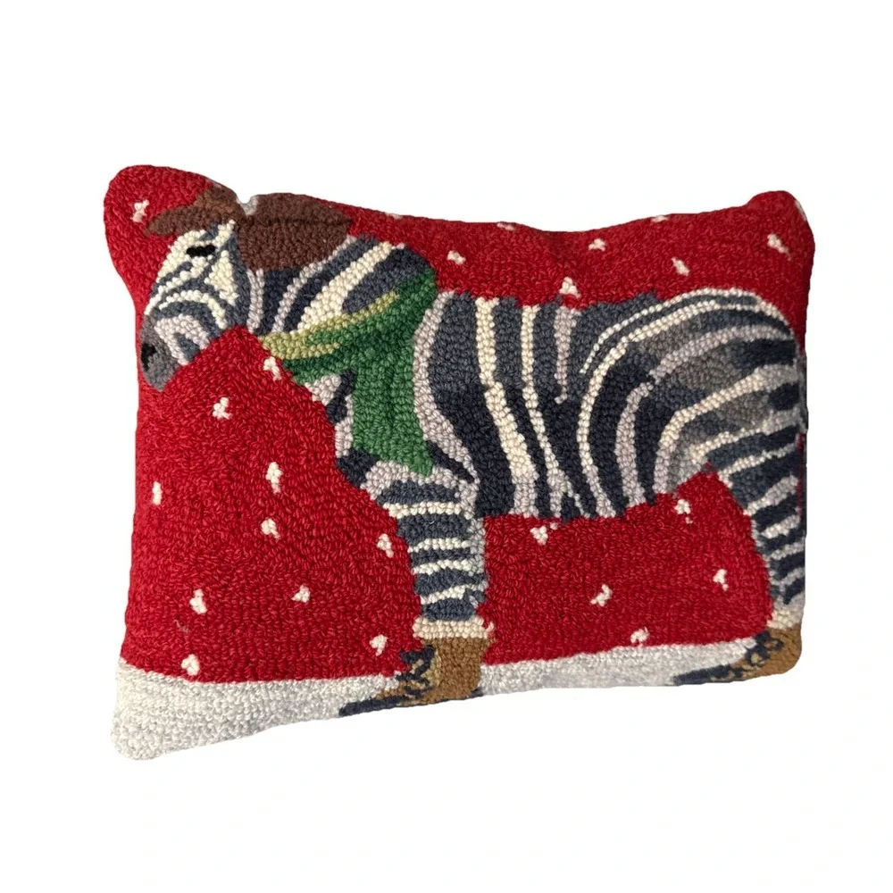 Grandin Road Zebra Winter Wonderland Hooked Wool Pillow Holiday Accent 14x18